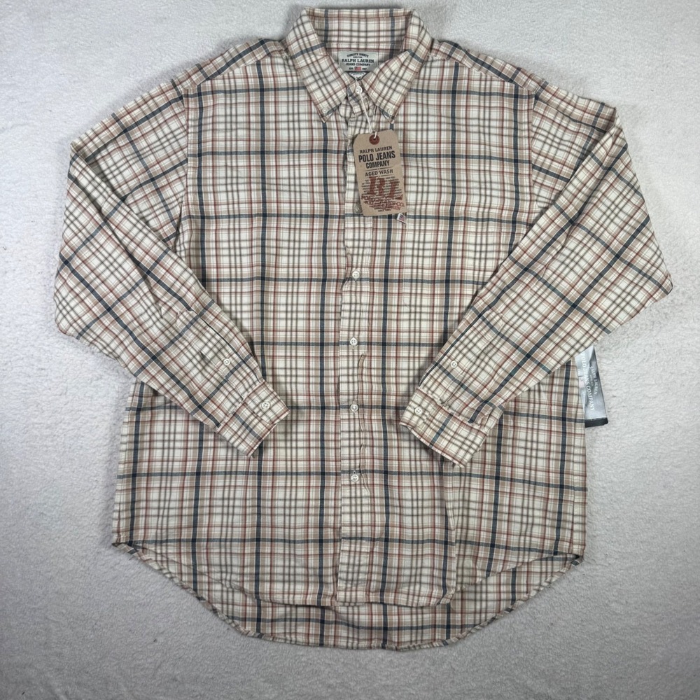 Ralph Lauren Polo Jeans Company Shirt Mens L Tan Plaid NWT Aged Wash Button Down
